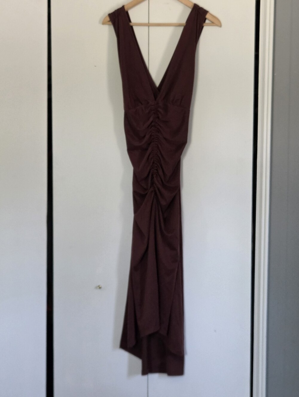 Anthropologie Ruched V-Neck Maxi Dress in Deep Wine - Picture 2 of 4